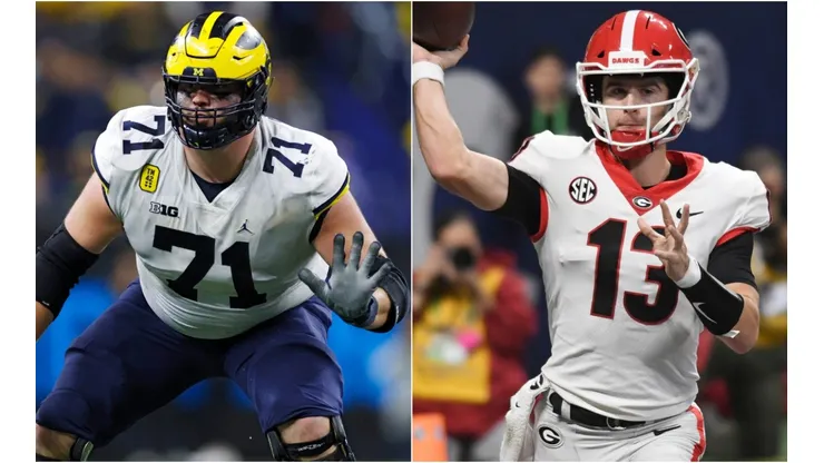 Michigan Wolverines offensive lineman Andrew Stueber (left) and Georgia Bulldogs Quarterback Stetson Bennett (right)