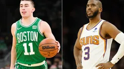 Payton Pritchard of the Boston Celtics (left) and Chris Paul of the Phoenix Suns (right)