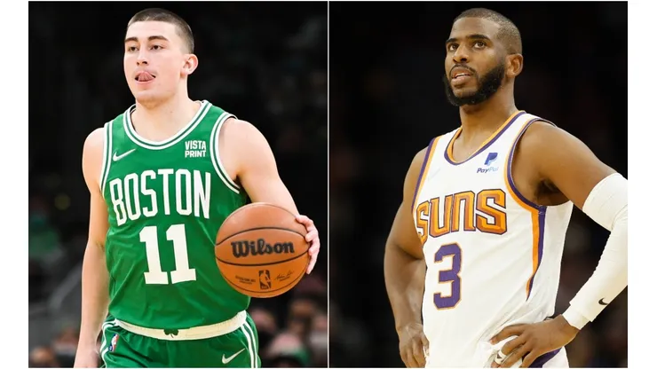 Payton Pritchard of the Boston Celtics (left) and Chris Paul of the Phoenix Suns (right)