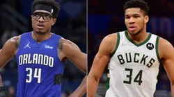 Wendell Carter Jr. of the Orlando Magic (left) and Giannis Antetokounmpo of the Milwaukee Bucks.