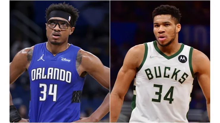 Wendell Carter Jr. of the Orlando Magic (left) and Giannis Antetokounmpo of the Milwaukee Bucks.