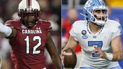 South Carolina Gamecocks defensive back Jaylan Foster (left) and North Carolina Tar Heels quarterback Sam Howell (right)