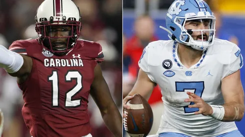 South Carolina Gamecocks defensive back Jaylan Foster (left) and North Carolina Tar Heels quarterback Sam Howell (right)