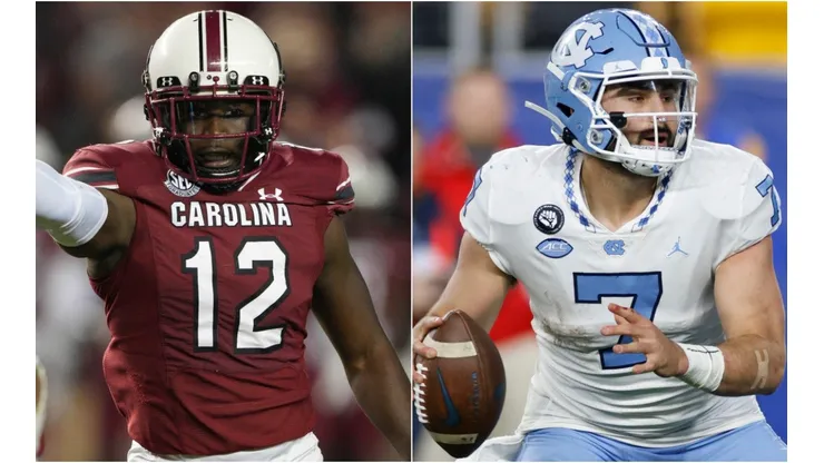 South Carolina Gamecocks defensive back Jaylan Foster (left) and North Carolina Tar Heels quarterback Sam Howell (right)