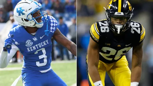 Kentucky Wildcats defensive back Cedrick Dort Jr. (left) and Iowa Hawkeyes defensive back Kaevon Merriweather (right)