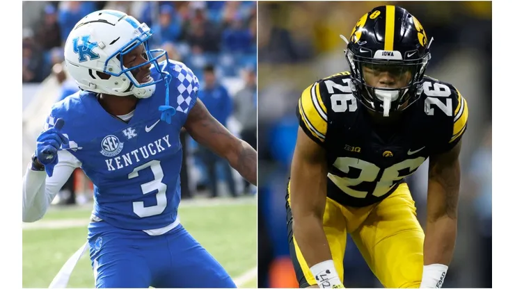 Kentucky Wildcats defensive back Cedrick Dort Jr. (left) and Iowa Hawkeyes defensive back Kaevon Merriweather (right)