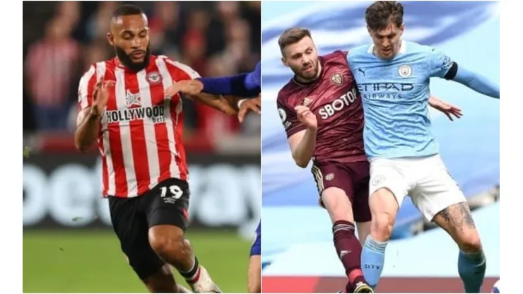 Bryan Mbeumo of Brentford (left) and John Stones of Manchester City (right)