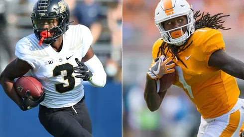 Purdue Boilermakers wide receiver David Bell (left) and Tennessee Volunteers wide receiver Marquez Callaway (right)