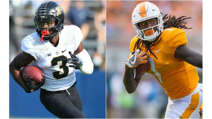 Purdue Boilermakers wide receiver David Bell (left) and Tennessee Volunteers wide receiver Marquez Callaway (right)