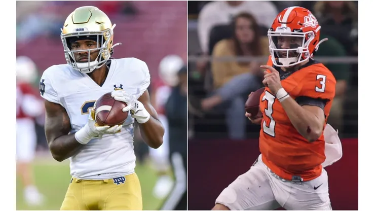 Notre Dame Fighting Irish running back Chase Ketterer (left) and Oklahoma State Cowboys quarterback Spencer Sanders (right)