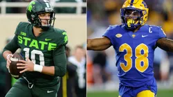 Michigan State Spartans quarterback Payton Thorne (left) and Pittsburgh Panthers linebacker Cam Bright (right)