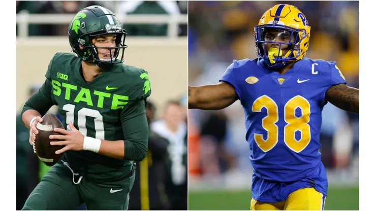Michigan State Spartans quarterback Payton Thorne (left) and Pittsburgh Panthers linebacker Cam Bright (right)