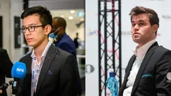 Abdusattorov (left) and Magnus Carlsen (right)