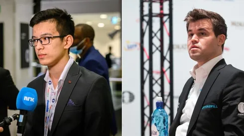 Abdusattorov (left) and Magnus Carlsen (right)