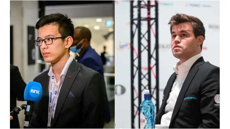 Abdusattorov (left) and Magnus Carlsen (right)