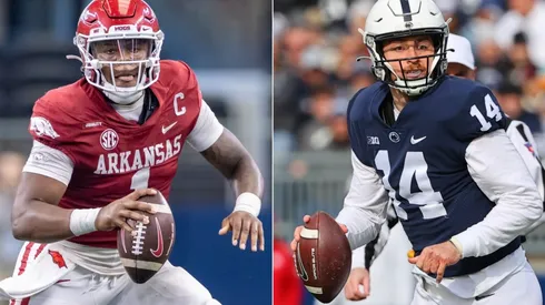 Arkansas Razorbacks quarterback KJ Jefferson (left) and Penn State Nittany Lions quarterback Sean Clifford (right)
