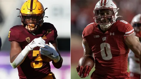 Rachaad White of the Arizona State Sun Devils (left) and Braelon Allen of the Wisconsin Badgers (right)