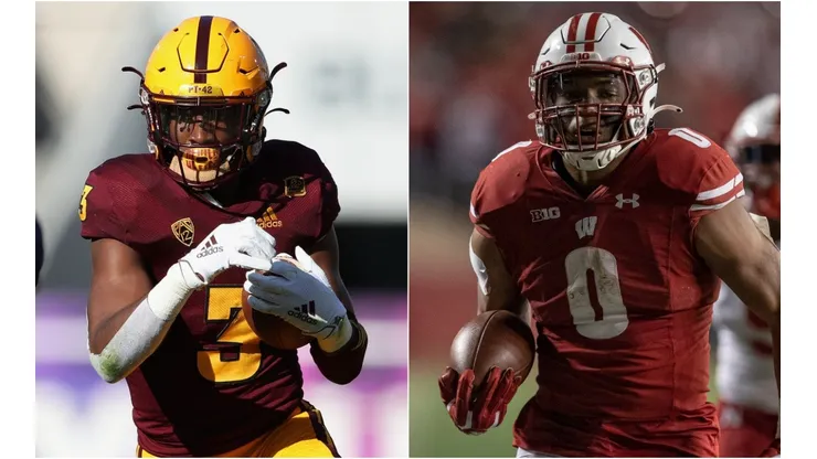 Rachaad White of the Arizona State Sun Devils (left) and Braelon Allen of the Wisconsin Badgers (right)