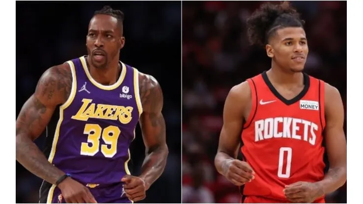 Dwight Howard of the Los Angeles Lakers (left) and Jalen Green of the Houston Rockets (right)