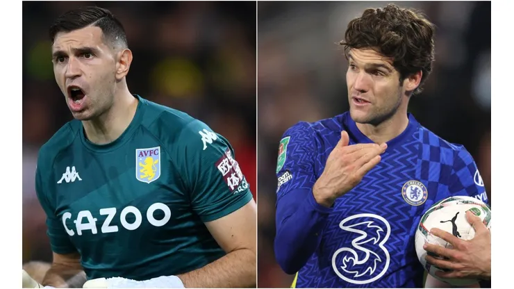 Emiliano Martinez of Aston Villa (left) and Marcos Alonso of Chelsea (right)
