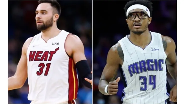 Max Strus of the Miami Heat (left) and Wendell Carter Jr. of the Orlando Magic (right)