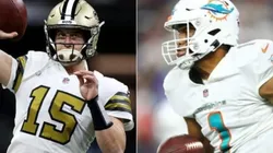 Trevor Siemian of the New Orleans Saints (left) and Tua Tagovailoa of Miami Dolphins (right)