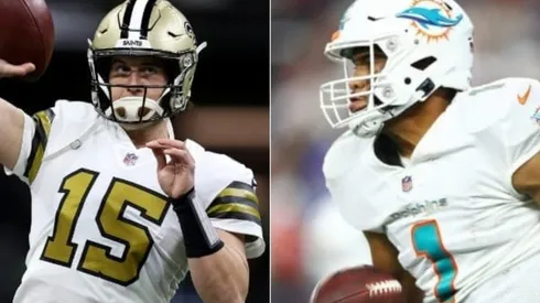 Trevor Siemian of the New Orleans Saints (left) and Tua Tagovailoa of Miami Dolphins (right)