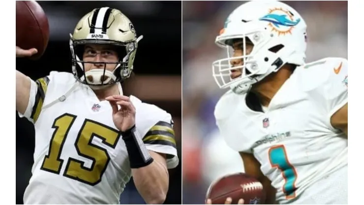 Trevor Siemian of the New Orleans Saints (left) and Tua Tagovailoa of Miami Dolphins (right)