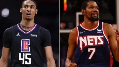 Keon Johnson of the Clippers (left) and Kevin Durant of the Nets (right)