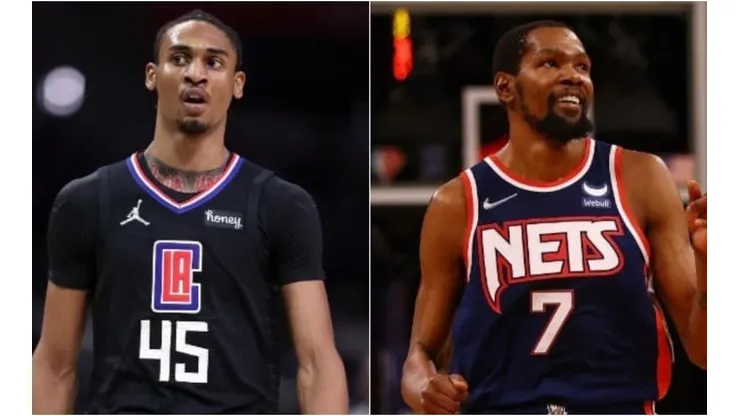 Keon Johnson of the Clippers (left) and Kevin Durant of the Nets (right)