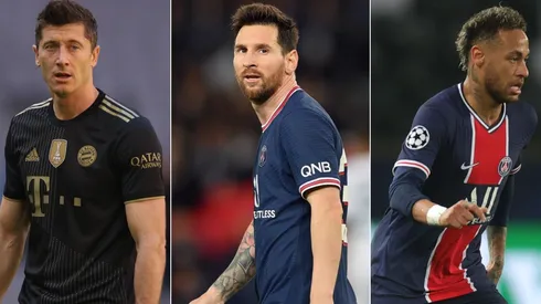 Robert Lewandowski (left), Lionel Messi (c), and Neymar.
