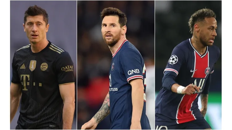 Robert Lewandowski (left), Lionel Messi (c), and Neymar.