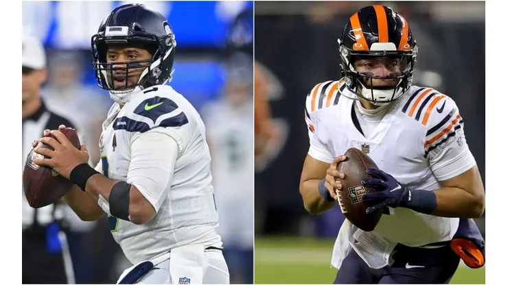 Russell Wilson of the Seattle Seahawks (left) and Justin Fields of the Chicago Bears (right)