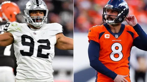 Solomon Thomas of the Las Vegas Raiders (left) and Brandon McManus of the Denver Broncos (right)
