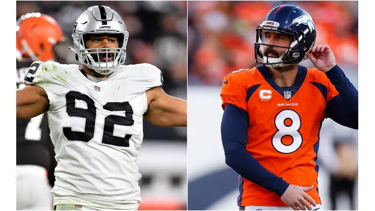 Solomon Thomas of the Las Vegas Raiders (left) and Brandon McManus of the Denver Broncos (right)