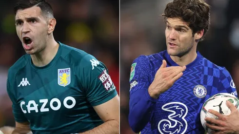 Emiliano Martinez of Aston Villa (left) and Marcos Alonso of Chelsea (right)
