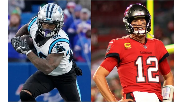 Ameer Abdullah of the Carolina Panthers (left) and Tom Brady of the Tampa Bay Buccaneers (right)