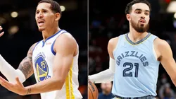 Juan Toscano-Anderson of the Golden State Warriors (left) and Tyus Jones of the Memphis Grizzlies (right)