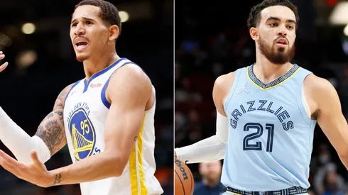 Juan Toscano-Anderson of the Golden State Warriors (left) and Tyus Jones of the Memphis Grizzlies (right)