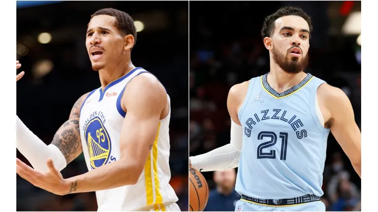 Juan Toscano-Anderson of the Golden State Warriors (left) and Tyus Jones of the Memphis Grizzlies (right)