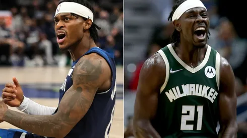 Jarred Vanderbilt of the Minnesota Timberwolves (left) and Jrue Holiday of the Milwaukee Bucks (right)