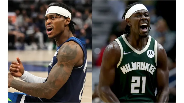 Jarred Vanderbilt of the Minnesota Timberwolves (left) and Jrue Holiday of the Milwaukee Bucks (right)