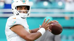 Quarterback Tua Tagovailoa of Miami Dolphins at the game vs Giants