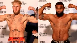 Jake Paul and Tyron Woodley at the weigh-in ceremony