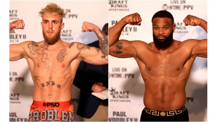 Jake Paul and Tyron Woodley at the weigh-in ceremony