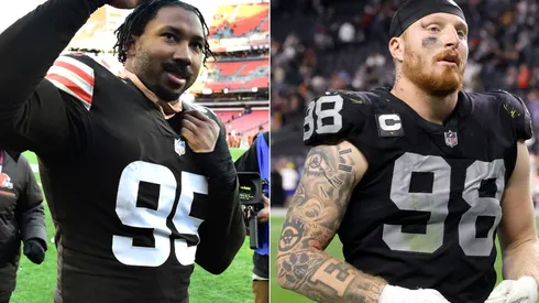 Myles Garrett of the Cleveland Browns (left) and Maxx Crosby of the Las Vegas Raiders (right)
