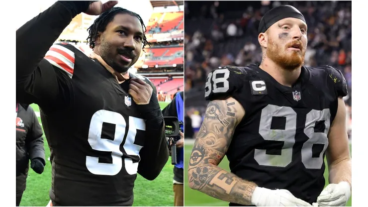 Myles Garrett of the Cleveland Browns (left) and Maxx Crosby of the Las Vegas Raiders (right)