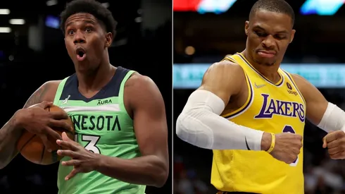 Nathan Knight of the Minnesota Timberwolves (left) and Russell Westbrook of the Los Angeles Lakers (right)