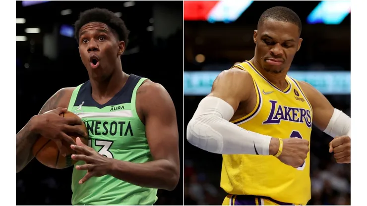 Nathan Knight of the Minnesota Timberwolves (left) and Russell Westbrook of the Los Angeles Lakers (right)