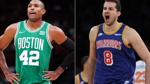 Al Horford of the Boston Celtics (left) and Nemanja Bjelica of the Golden State Warriors (right)